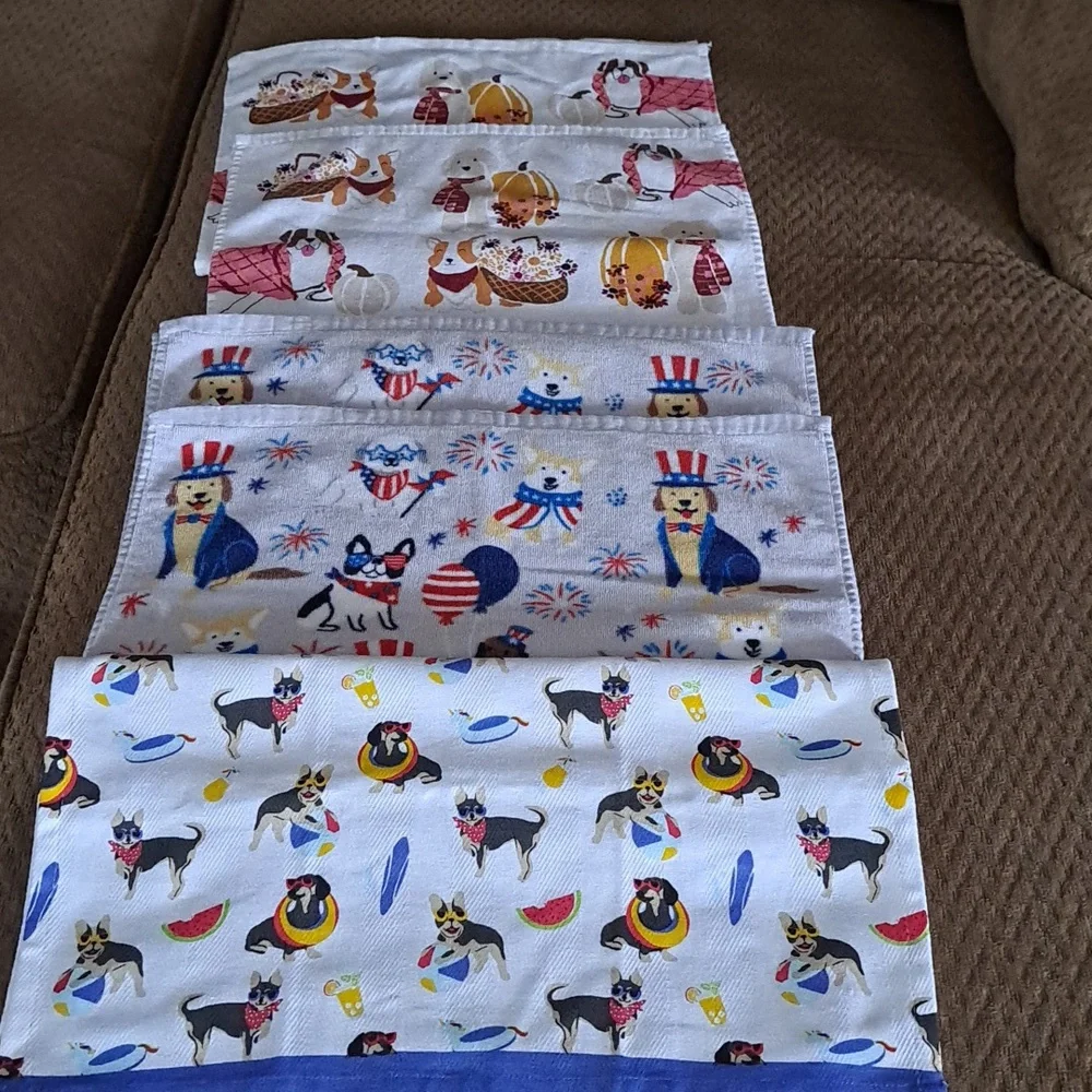 5 Dog Themed Hand Towels (4th/July, Summer, Fall, Dachsund, Corgi, St. Bernard)